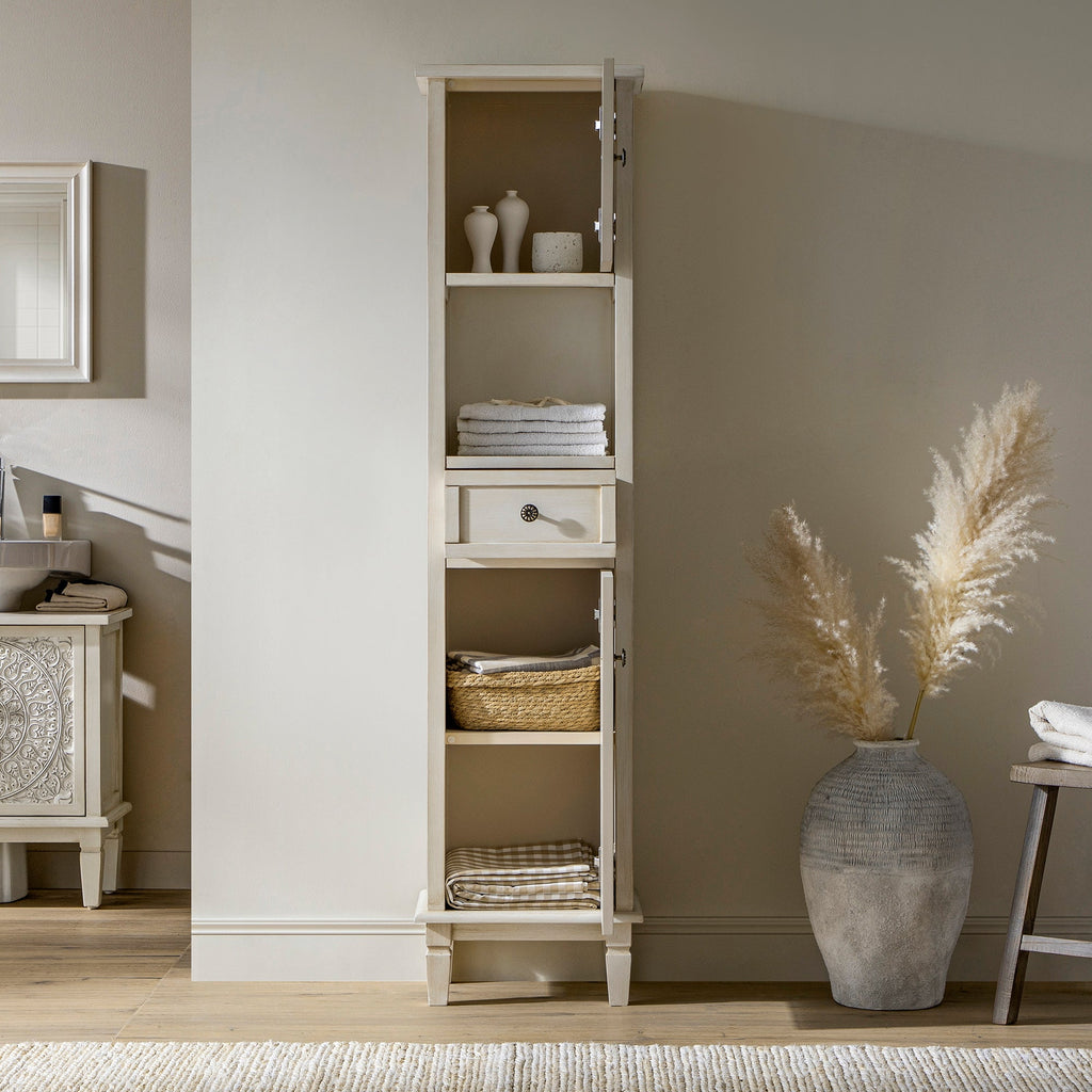 Chantilly Whitewashed Carved Bathroom Tallboy Cabinet