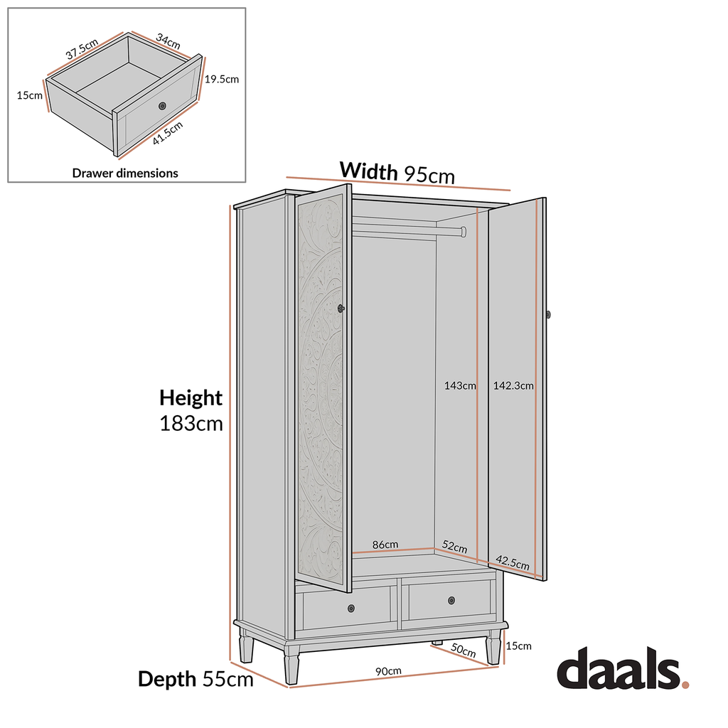 Chantilly Mid Grey Carved Double Wardrobe