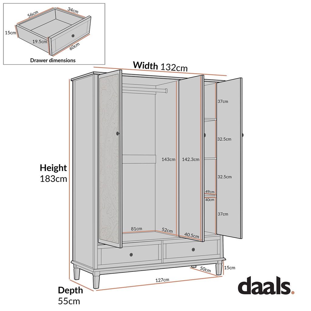 Chantilly Mid Grey Carved Triple Wardrobe